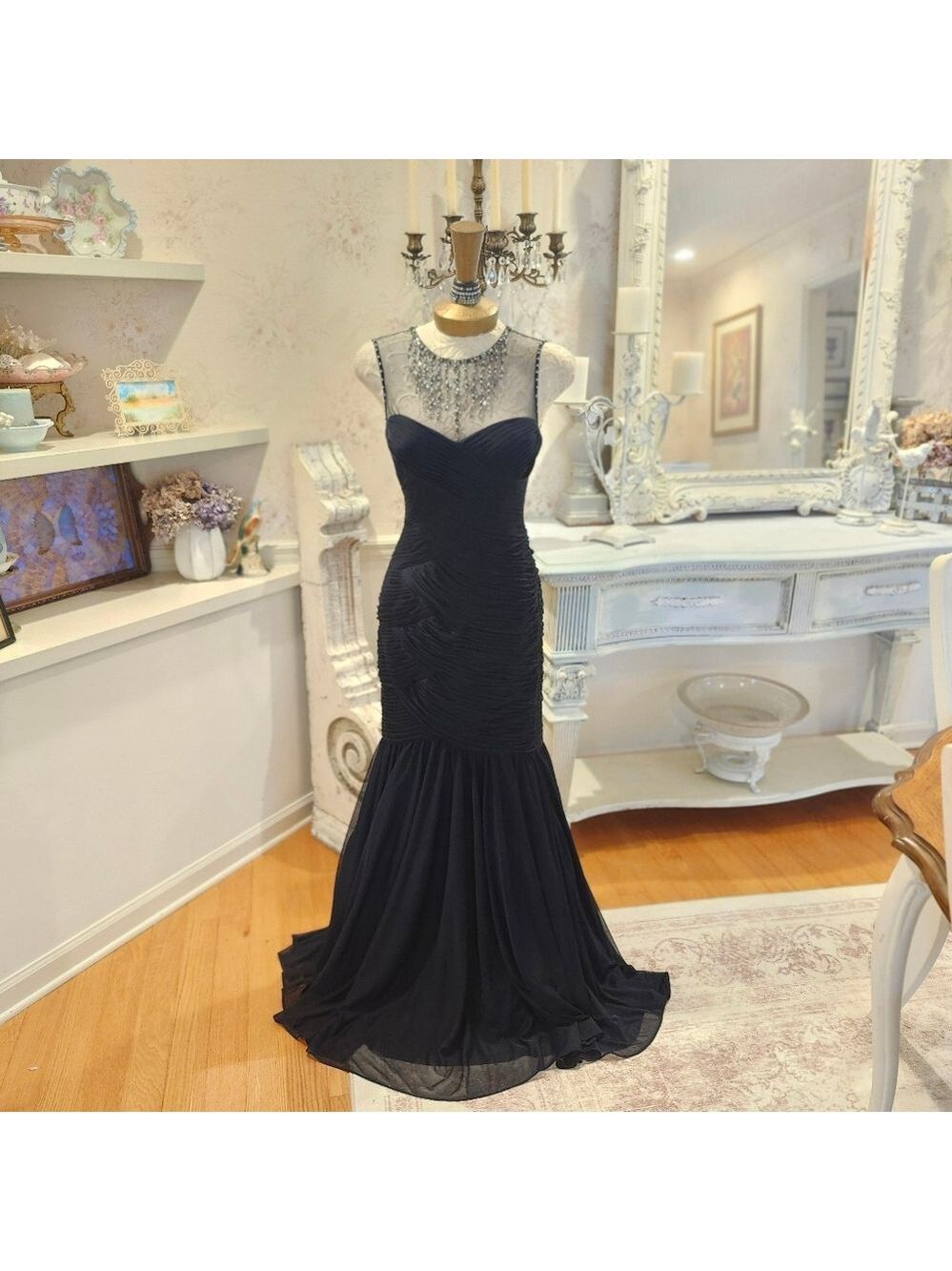 Adrianna Papell Y2K Black Beaded Illusion Mermaid Gown  Old Hollywood Vintage 2